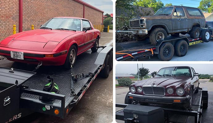 Collage of various specialty vehicles loaded on PJ flatbed trailers