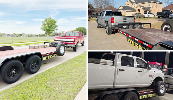 Collage of different types of trailers including gooseneck, flatbed, and enclosed models