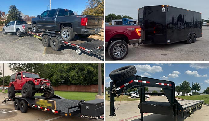 A collage of open, enclosed, and gooseneck trailers used for transporting race cars and heavy vehicles.